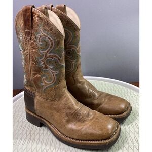 Old West Unisex Kids Leather‎ Cowboy Riding Rodeo Boots Sz. 3 Light Brown/Green